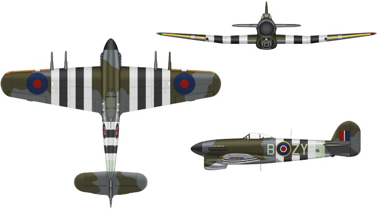 The layout of inviasion stripes on a fighter aircraft (Hawker Typhoon)